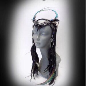 🚫SOLD🚫Feather Leather Headdress, Horned crown, Crystal bead embelishments🚫SOLD🚫